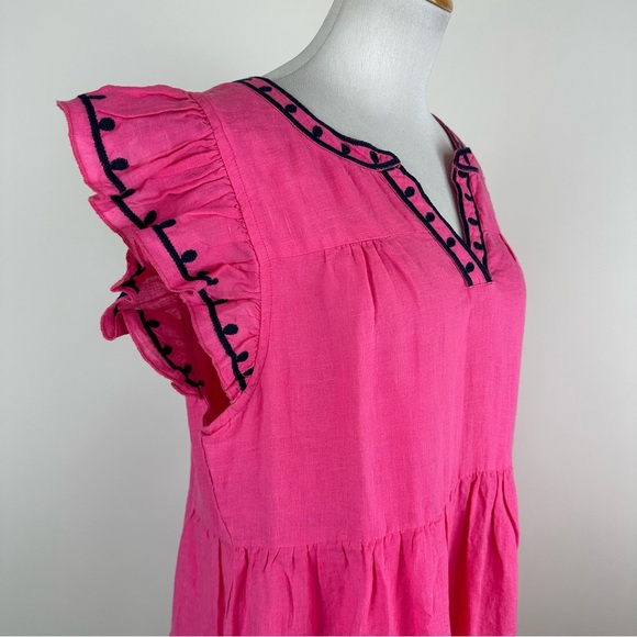 Navy Bleu Eloise Pink Embroidered Linen Flutter Sleeve Dress Size Large - Picture 6 of 14